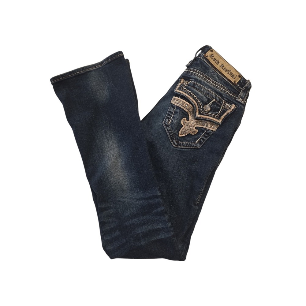 Rock Revival Kai Boot Jeans Women's 27 Dark Wash Bling Flap Pockets Stretch